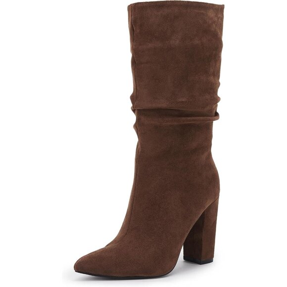 Women's Coffee Suede Mid Calf High Slouchy Chunky Heel Block Pointed Toe Boots - Picture 1 of 8